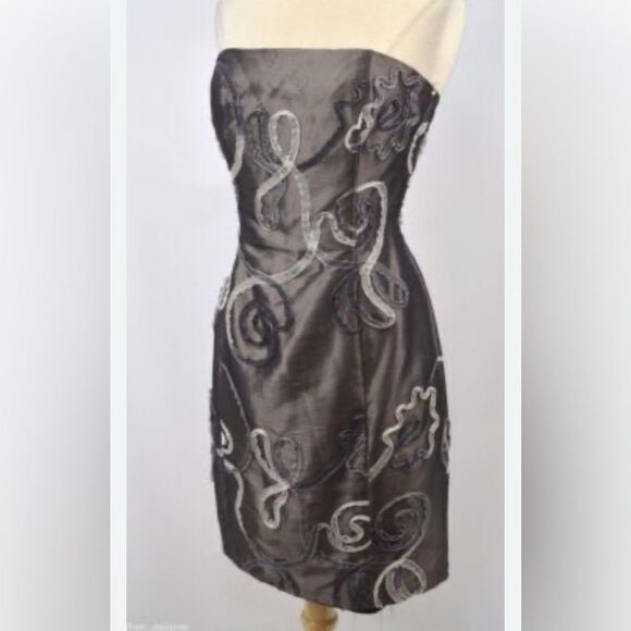 VINTAGE JESSICA McCLINTOCK SIZE 12 METALLIC GRAY SOUTACHE STRAPLESS MINI DRESS - Picture 2 of 8